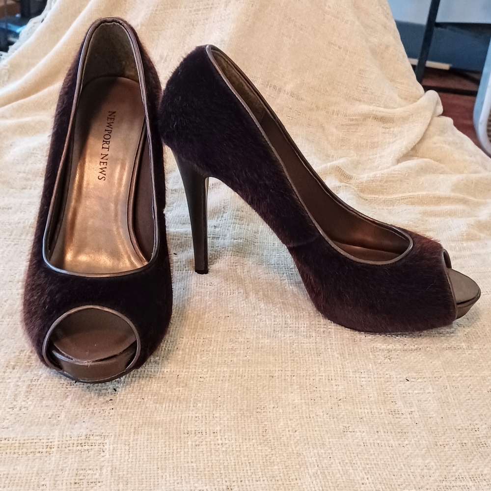 Brown Calf hair Open Toe Pumps